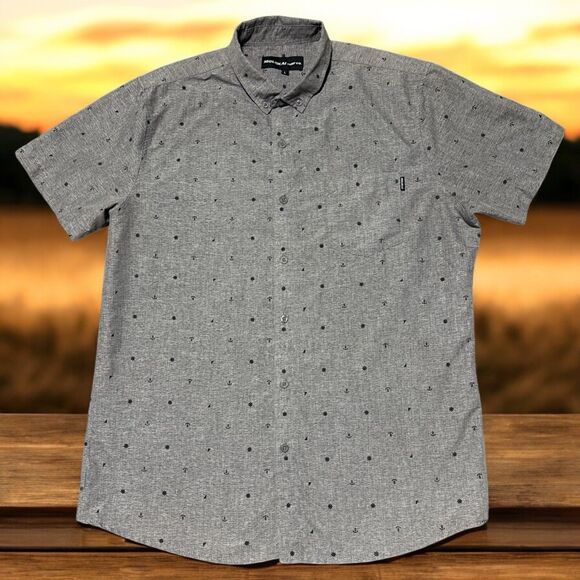 Molokai Surf Co Shirt Large Grey Button Up Short Sleeve Nautical Print Beach - Picture 1 of 3